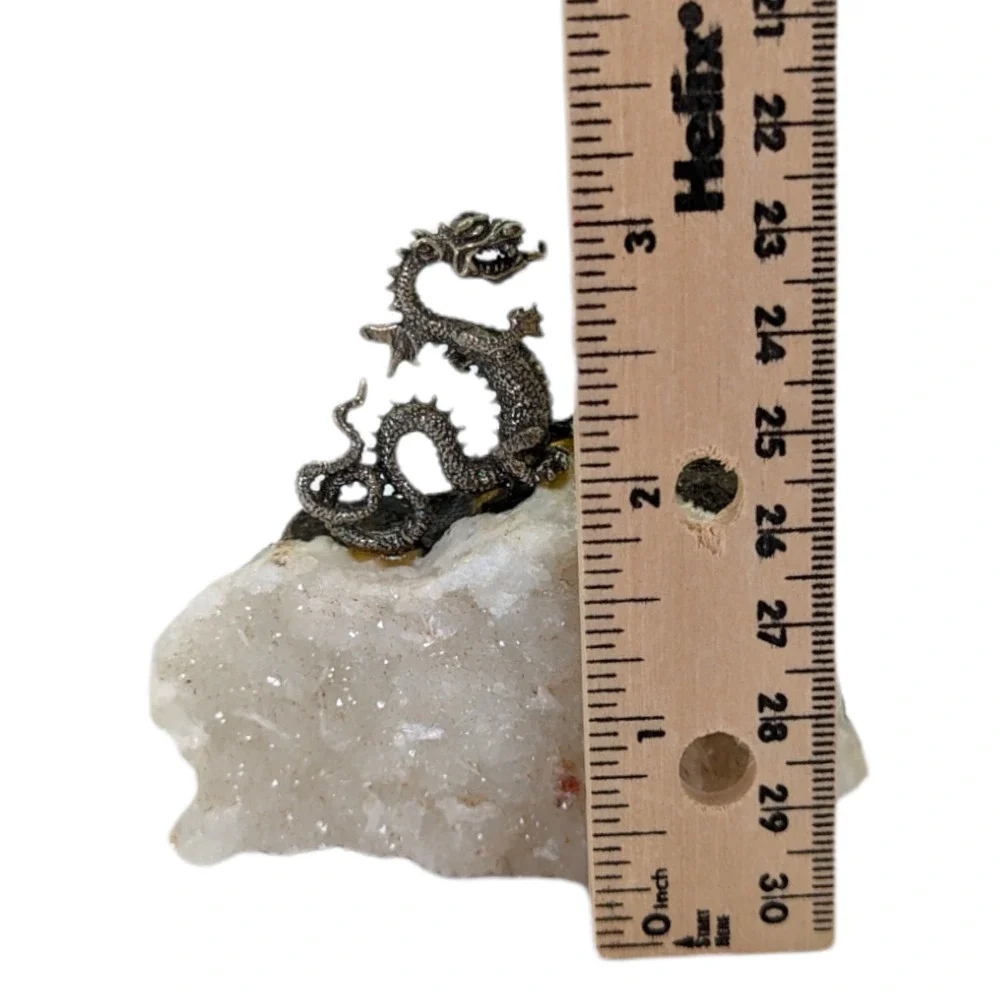 Vintage Pewter Dragon On Quartz Crystal Black Rock White Veining